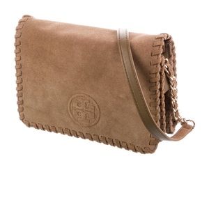 Tory Burch Suede Crossbody Flap Bag, Medium Brown, Gold Tone Hardware